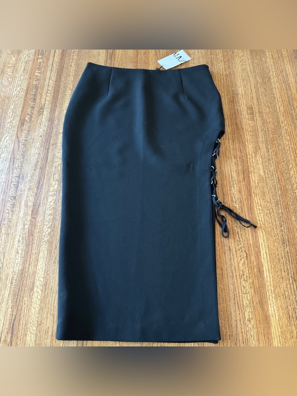 ZARA NWT Black Side Lace-Up Midi Pencil Skirt XL